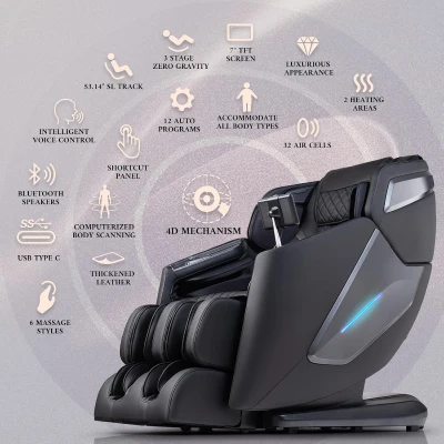 4D Full-Body Massage Chair Recliner with Zero Gravity, 53.14"" SL Track, Voice Control, Electric Calfrest Extension, 12 Auto Modes, USB-C, Bluetooth Speakers & 7"" TFT Screen