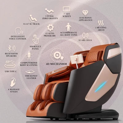 4D Full Body Massage Chair Recliner with Voice Control, 53.14"" SL Track, Electric Calf Extension, 12 Auto Modes, USB-C, Bluetooth Speakers & TFT Screen
