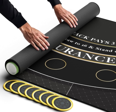 Newverest 70"" x 35"" Blackjack Table Top – Midnight Black Casino-Style Poker Mat with Zipper Storage Bag and 8 Coasters in Gift Box