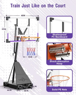 TONBUX Portable Basketball Hoop — 44/48-inch Shatterproof PC Backboard, Stepless Height Adjustment 5.25–10 ft for Kids, Teens & Adults (Backyard, Driveway, Indoor)