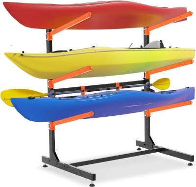Freestanding Heavy-Duty 3-Tier Kayak Storage Rack — Adjustable Garage Stand for Kayaks, Canoes, SUPs & Surfboards (48""H x 46""W x 36""D)