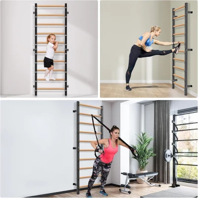 Kipika 2""x2"" Wall-Mounted Swedish Ladder with 1"" Hole — Pull-Up Bar & Suspension Trainer with Solid Wood Handles for Home, Wall Gyms, Schools