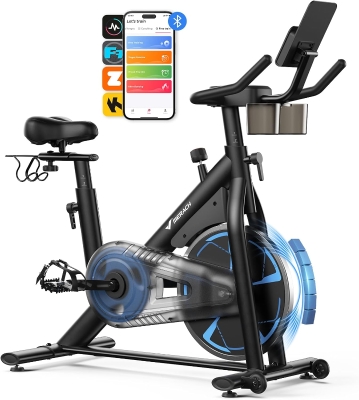 Merach Magnetic Exercise Bike S36 — Low-Noise Spinning Bike with Wide Seat, 330 lb Capacity, Exclusive App, Tablet Mount & Guided Courses