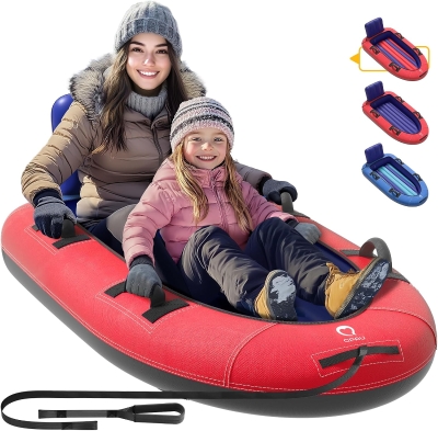 QPAU 2-Person Inflatable Snow Sled with Heavy-Duty Canvas Cover — 63.5"" x 33.5"" Reinforced Tube with Handles for Kids & Adults, Family Toboggan