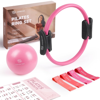 LIONSCOOL 14-inch Anti-Deformation Pilates Ring Set with Padded Handles, Mini Ball, Resistance Bands, Guide & Bag