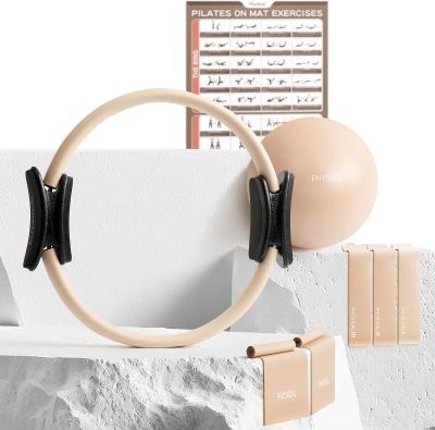 15"" Pilates Ring Kit with Core Ball, 3 Resistance Loops & 2 Flex Bands — Home Mat Pilates Essentials with Large Exercise Poster