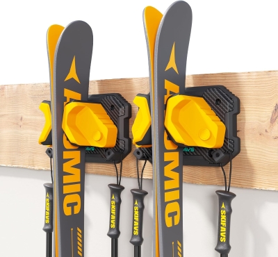 Wall Rack for Garage – Ski & Snowboard Holder, Damage-Free Vertical Storage, Yellow, 2-Pack