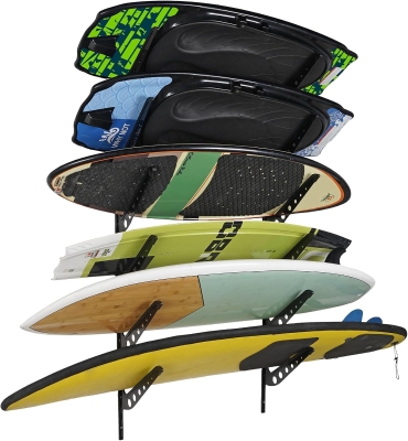 5 Board Surf Rack Wall Mount - Adjustable Wall Hangers for Surfboards, Wakeboards, Snowboards