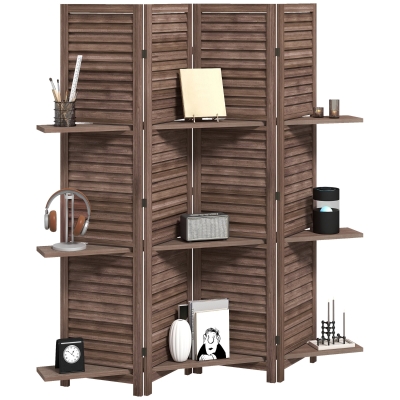 HOMCOM 67" Wood Privacy Screen Room Divider with Shelves, Walnut