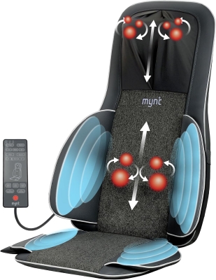 Mynt 2D & 3D Shiatsu Neck and Back Massager Chair Pad with 10 Deep Kneading Nodes, Heat, Portable Spot Massage, Black