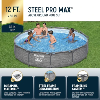 Bestway Steel Pro MAX 12' x 30"" Round Above-Ground Family Pool Set with Metal Frame, Liner and 330-Gallon Filter Pump – Gray