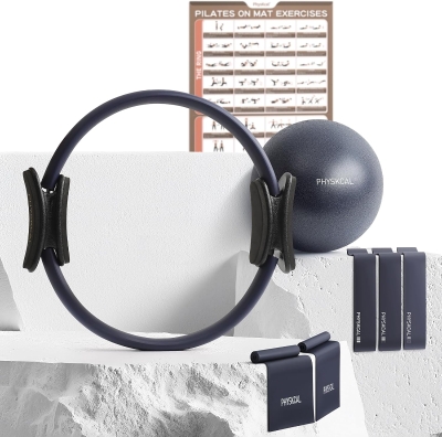 15-Inch Pilates Circle Set with Core Ball, 3 Resistant Loops & 2 Flex Bands — Compact Home Pilates Kit