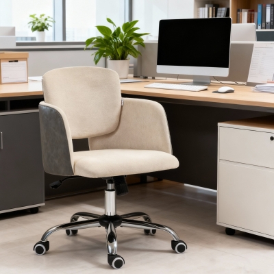 HOMCOM Small Desk Chair, Height Adjustable Fabric Office Chair with Swivel Wheels, Tilt Function, Computer Chair, Cream White