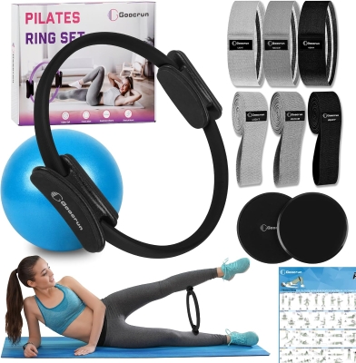 Complete Pilates Set with 14"" Ring, Fabric Resistance Bands, Mini Ball, Gliding Discs and Guide — Home Workout Kit