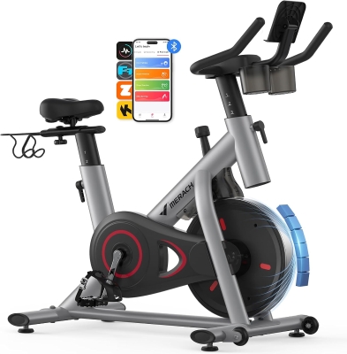 MERACH Stationary Exercise Bike with App — Brake Pad Resistance, Low-Noise Indoor Cycling, 300 lb Capacity, Tablet Mount & Guided Classes