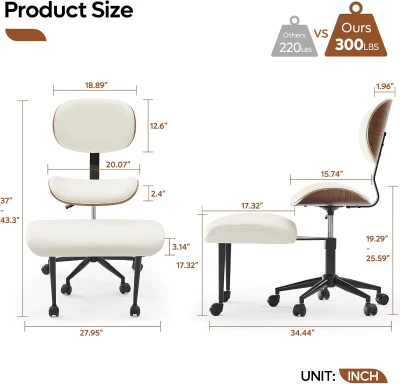 Bestier Contemporary Bentwood Meditation Chair with Wider Back Support, 360° Swivel and Height Adjustment for Cross‑Legged Seating, Supports up to 300 lbs (White)