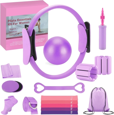 Complete Home Pilates Set for Women — 14"" Ring, 9.8"" Ball, Wrist/Ankle Weights, Bands & Accessories, Full Pilates Essentials Kit
