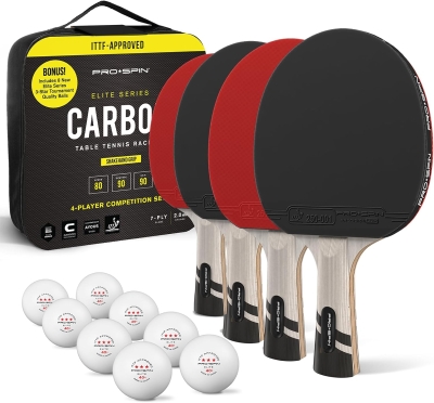 PRO-SPIN Carbon Control Table Tennis Rackets (4-Pack) - ITTF-Approved Rubber, 7-Ply Blade with Carbon, 2.0mm Sponge