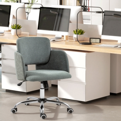 HOMCOM Small Desk Chair, Height Adjustable Fabric Office Chair with Swivel Wheels, Tilt Function, Computer Chair, Grey