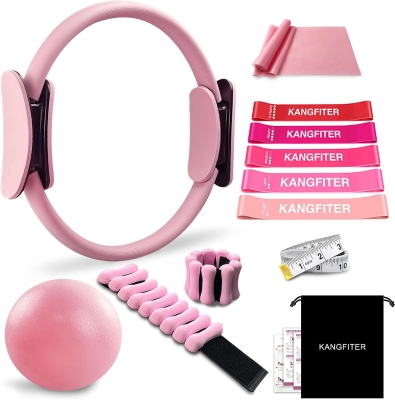 Pilates Home Workout Kit — 12"" Ring & 9"" Mini Ball with Adjustable 1 lb Wrist/Ankle Weights, 5 Latex Resistance Bands, TPE Stretch Band, Tape Measure & Carry Bag