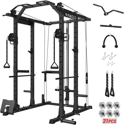 Mikolo K6 Power Cage — 8-in-1 Power Rack with Cable Crossover, Lat Pulldown & Pulley System (1500 lb)