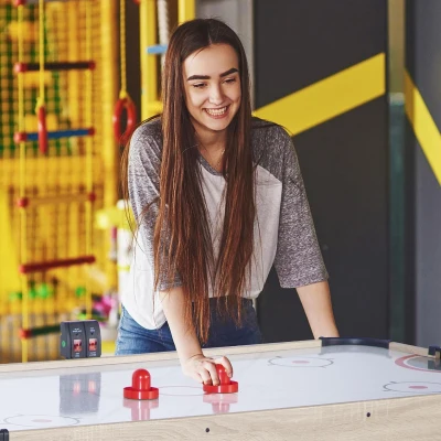 58-inch Air Hockey Table (Light Wood Grain) with Powerful Motor, Digital LED Scoreboard, Includes 2 Pucks & 2 Pushers — Home Game Room Arcade Table