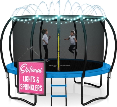 JoyBerri Outdoor Trampoline with Enclosure Net, Ladder, Sprinkler & LED Lights – ASTM-Certified Recreational Trampoline (8–16 ft), Anti-Rust Frame