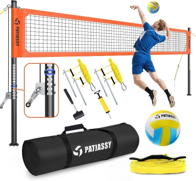 Patiassy Backyard Volleyball System – Professional Portable Outdoor Set with Adjustable Aluminum Poles, Precision Winch, Steel Stakes, Anti-Sag Net, Pump and Heavy-Duty 1680D Bag