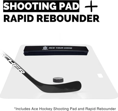 ACE HOCKEY 30"" x 60"" Shooting Pad with Puck Rebounder - 12.5 sq ft Synthetic Ice Mat & Puck Passer for One-Timers