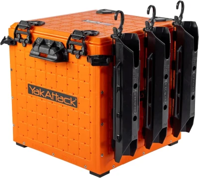 YakAttack BlackPak Pro 13"" x 13"" Orange Fishing Crate with 3 TetherTube Rod Holders – Compact Kayak Tackle Organizer | Made in USA