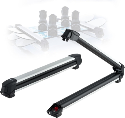 VEVOR Ski & Snowboard Roof Rack, Carries up to 6 Pairs of Skis or 4 Snowboards, 2-Pack Aluminum Universal Roof Holders with Lock & Rubber Padding, Carrier for Fishing Rods, Fits Most Slotted Crossbars