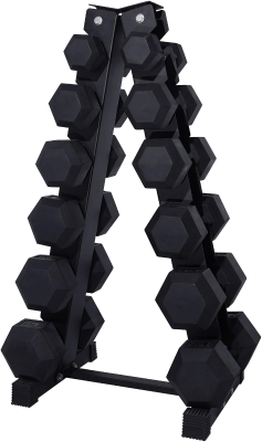 RitFit Rubber-Encased Hex Dumbbell Set with 6-Tier Rack (350 lb Total) — Coated Hand Weights for Complete Home Workouts