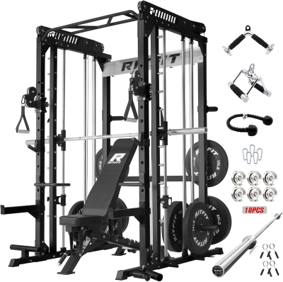 RitFit M1 / M1 Pro Smith Machine with Cable Crossover – Multi-Function Power Cage Package with Adjustable Bench & 260LB Bumper Plate Set