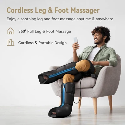 FIT KING Rechargeable Cordless Leg & Foot Massager - Full Leg Air Compression Boots with Pressure Sensor, LCD Controller, 3 Modes, 10 Intensities & 5 Timers