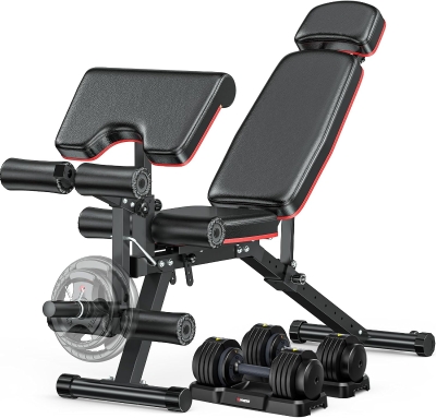 XDDIAS 900 lb Adjustable Workout Bench with Leg Extension/Curl, Extended Headrest & Preacher Pad – Incline/Decline/Flat (Includes 55 lb Adjustable Dumbbells)