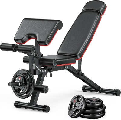 XDDIAS Adjustable Weight Bench with Leg Extension/Curl & Extended Headrest, Preacher Curl Station — 900 lb Capacity (Includes 4x10lb Bumper Plates)