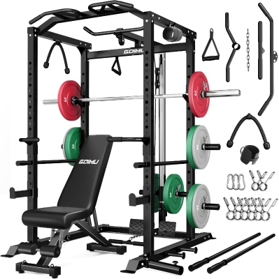 GOIMU C1-V4 Power Cage – 2000 lb Heavy-Duty Squat Rack with Lat Pulldown & Multi-Function Attachments for Home/Garage Gym
