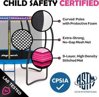 JoyBerri Outdoor Trampoline with Enclosure Net, Ladder, Sprinkler & LED Lights – ASTM-Certified Recreational Trampoline (8–16 ft), Anti-Rust Frame