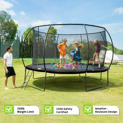 GIGU Recreational Trampoline (10FT–16FT) with Safety Enclosure, Ladder and Anti-Rust Frame — ASTM F381-16 Compliant Outdoor Trampoline for Families