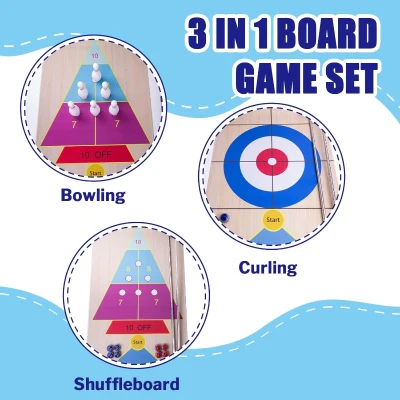 3-in-1 Shuffleboard, Curling & Bowling Board Game Set with 11.8 ft Mat, 2 Cues, 8 Rocks & 6 Pins - Family Fun