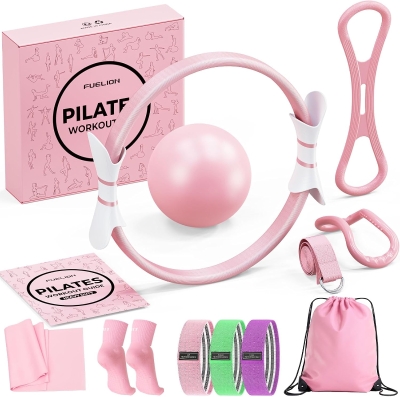 Women's Pilates Starter Kit – 14"" Magic Circle, Mini Ball & Resistance Bands for Home Strength, Toning & Flexibility with Workout Guide