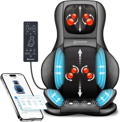 COMFIER Shiatsu Neck & Back Massage Pad with App Control — 2D/3D Deep-Kneading Chair Massager with Compression, Rolling, Vibration and Heat — Black Full-Body Massage Cushion