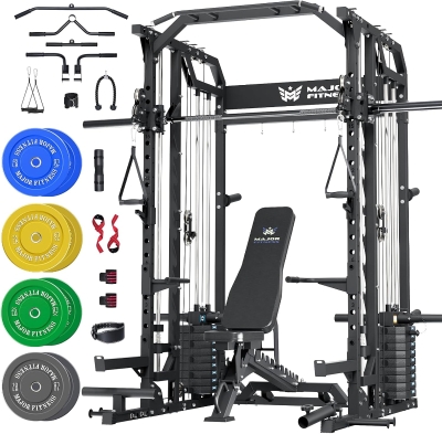 Major Fitness Drone2 Advanced Smith Machine – All-in-One Home Gym Squat Rack with Aluminum Pulley Set, Weight Bar, Dual Lat Pulldown Systems & Cable Crossover for Comprehensive Full-Body Training