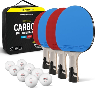 PRO-SPIN Carbon Table Tennis 4-Pack — Pro-Level Rackets with 7-Ply Blade, ITTF Rubber, 2.0mm Sponge (2 Blue + 2 Red)