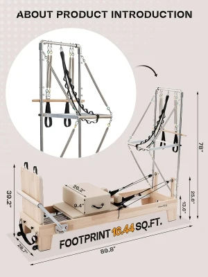 Oak Wood Pilates Reformer with Tower — Quick-Assembly Studio-Grade Reformer Machine with Tower & Accessories for Home and Gym