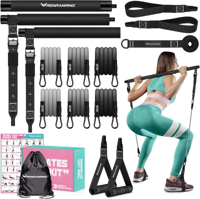 REN RAN RING Pilates Bar Set with Resistance Bands – Adjustable Metal Buckle, All-in-One Home Pilates Bar for Men & Women Full-Body Workouts