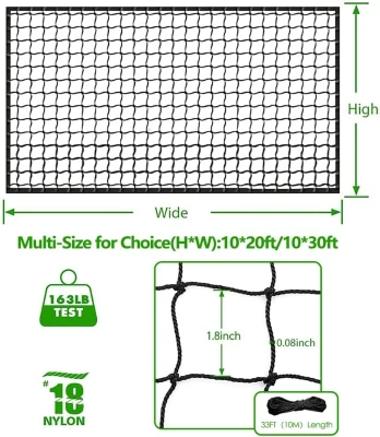 Heavy-Duty Baseball/Softball Backstop Netting #18 - Durable Polyethylene Sports Barrier, Various Sizes (10'x10' to 15'x50')