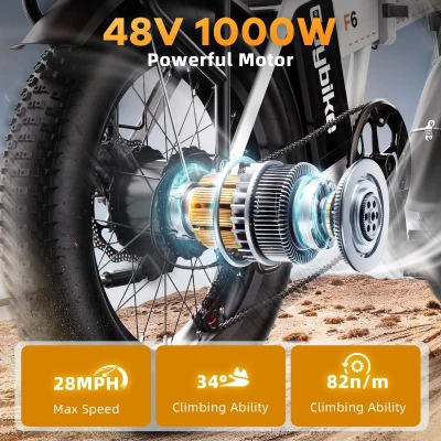 KEBIKO 1000W Peak Folding Electric Bike - 48V 20Ah Removable Battery, 30+ MPH, Up to 80 Mile Range, 20"" Fat Tire Foldable E-Bike for Adults (Commute, Beach, Snow)