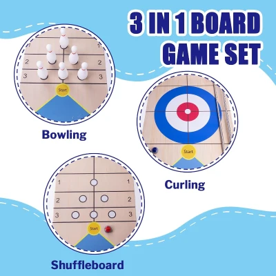 3-in-1 Shuffleboard, Curling & Bowling Family Game Set with 8.98 ft Mat, 2 Pusher Cues, 8 Curling Rocks and 6 Bowling Pins