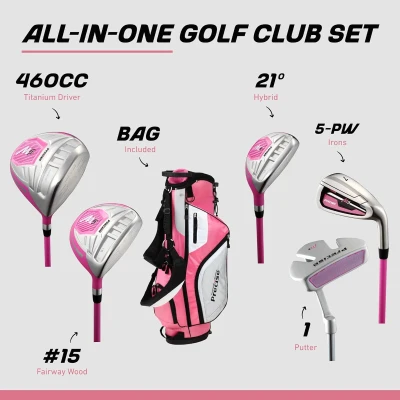 Precise M5 Women's Golf Club Set — Right-Handed, Pink: 460cc Titanium Driver, #3 Fairway, 21° Hybrid, #5-PW Stainless Irons, Putter, Stand Bag, 3 Headcovers